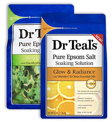 Dr Teal’s Epsom Salt Bath Combo Pack (6 lbs Total), Relax & Relief with Eucalyptus & Spearmint, and Glow & Radiance with Vitamin C & Citrus