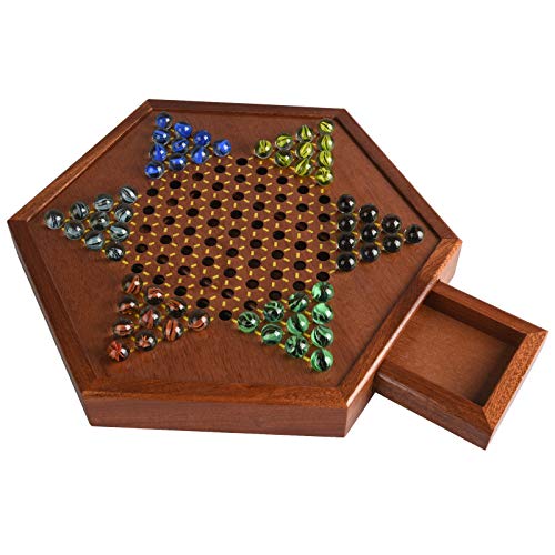 Wooden Chinese Checkers with Drawers | 12.7 Inches Natural Wooden Board Game| Includes 60 Colorful Glass Marbles | All Ages Classic Strategy Game