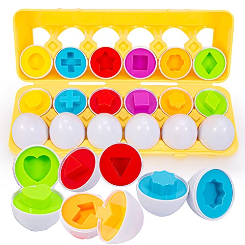 ThinkMax Matching Eggs Toys for Toddlers 1 2 3 Year olds,12 Pack Easter Eggs Baby Color Shape Recognition Sorting & Stacking Learning Toys, Montessori Toys for Preschool Pre-Kindergarten Boys Girls