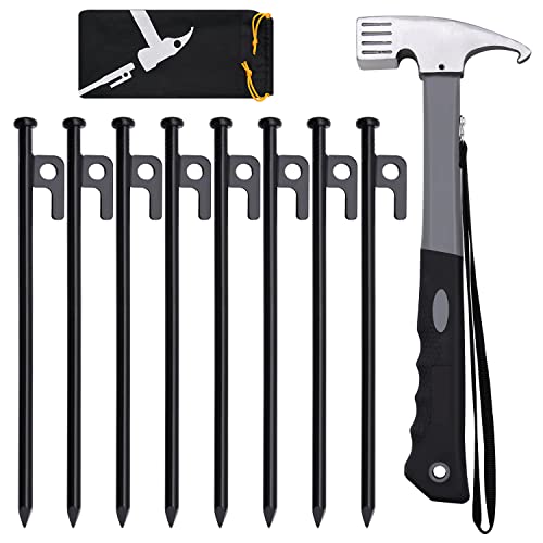 Tent Stakes and Hammer Set, 8/16pcs 10in Heavy Duty Forged Steel Tent Stakes + 12in Heavy Duty Camping Hammer + Storage Pouch, Available in Rocky Place Dessert Snowfield and Grassland