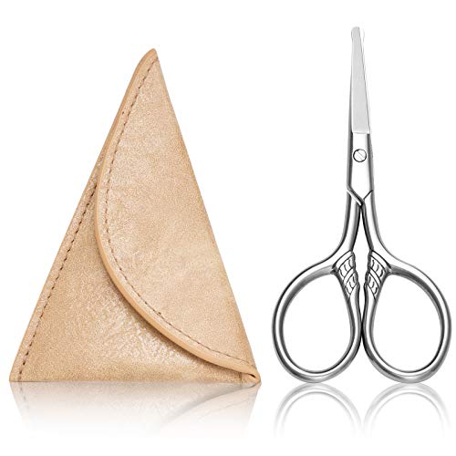 HITOPTY Facial Hair Scissors, 3.5inch Rounded Tip Small Shears Safety Nose, Ear, Eyebrow, Moustache Trimming Kit for Men Women Personal Grooming w/ Pu Case