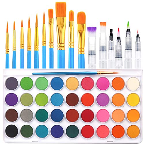 AROIC 36 Colors Watercolor Paint Set, Watercolor Pan Set with 10 Nylon Brushes and 6 Refillable Water Brushes. Perfect for Adults, Children and Beginner Artists.