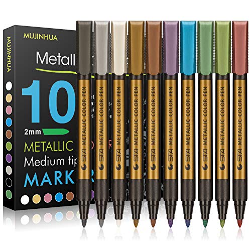 MUJINHUA Metallic Marker Pens, Set of 10 Colors Paint Markers for Black Paper, Rock Painting, Scrapbooking Crafts, Card Making, Ceramics, DIY Photo Album, Ceramic, Glass and More(Medium tip)