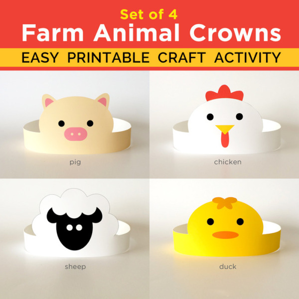 Barnyard Farm Animal Paper Crown Craft Activity – Set of 4 Instant Download Printable Party Hats – Chicken, Sheep, Pig, Duck – Barnyard Headband Craftivity