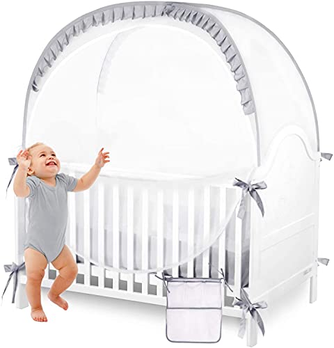 ZXPLO Baby Safety Crib Tent Infant Pop up Mosquito Net Nursery Bed Canopy Netting Cover – Keep Baby from Climbing Out with Hanging Diaper Storage Bag (Gray)