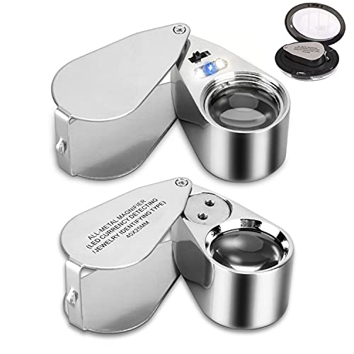 2 Pack 40X Illuminated Jewelers Loop, JLY Pocket Folding Full Metal Jewelers Loupe Magnifying Glass with Lights for LED Currency Detecting, Jewelry Identifying, Rock Collecting, Stamps Coins 1