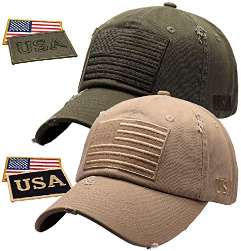 Antourage American Flag Hat for Men and Women | Vintage Baseball Tactical Hat Cap with USA Flag + 2 Patriotic Patches ((93) 2 Pack (Khaki + Olive))