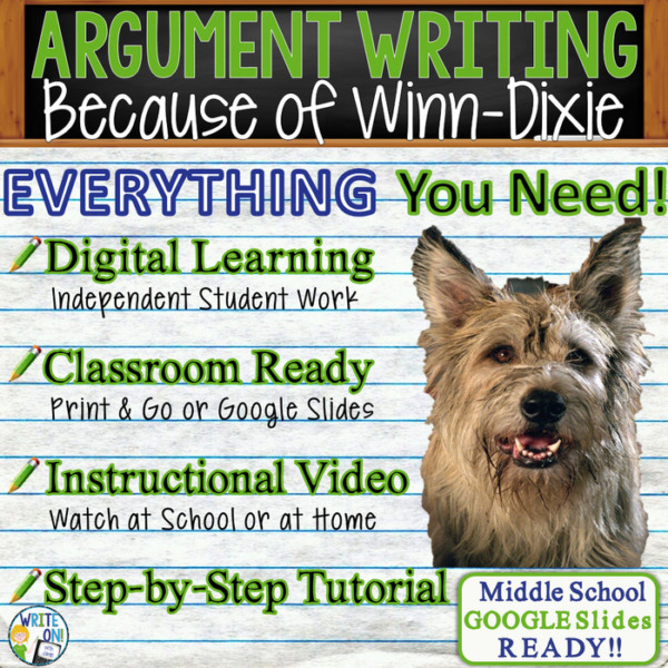 Text Dependent Analysis Argument Writing – Becaause of Winn-Dixie Distance Learning, In Class, Independent Instruction, Instructional Video, PPT, Worksheets, Rubric, Graphic Organizer, Google Slides