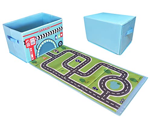 EMBRACE PLAY Toy storage box with car rug play mat – Toy box for boys and girls – 2 in 1 collapsible toy car storage- toyboxes for children – toy boxes for kids (BLUE)