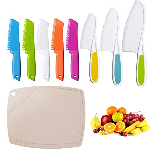 9Pcs Kids Knife Sets Plastic Knife,Kids Chef Nylon Knives Include 5 pcs Square knife, 3pcs Pointed knife,1pc Non-slip Plastic Cutting Board, Children’s Safe Children’s Safe Cooking For Fruit,Knife