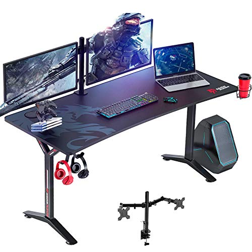 SEVEN WARRIOR Gaming Desk 60INCH with Dual Monitor Mount, Carbon Fiber Surface Gamer Desk with Full Desk Mouse Pad, Ergonomic Y Shaped Gamer Table with Outlet Organizer, Gaming Rack