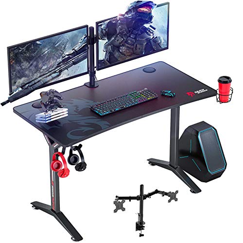 SEVEN WARRIOR Gaming Desk 47INCH with Dual Monitor Mount, Carbon Fiber Surface Gamer Desk with Full Desk Mouse Pad, Ergonomic Y Shaped Gamer Table with Outlet Organizer, Gaming Rack