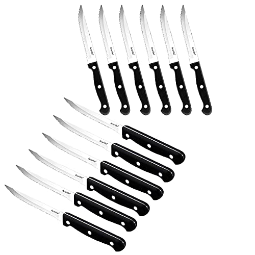 dearithe Serrated-Steak Knives Set of 12, Black Full-Tang Triple Rivet Steak Knife Sets, 4.5 Inch, For Kitchen Restaurant Tableware Camping ,Dishwasher Safe, Stainless Steel Sharp Blade
