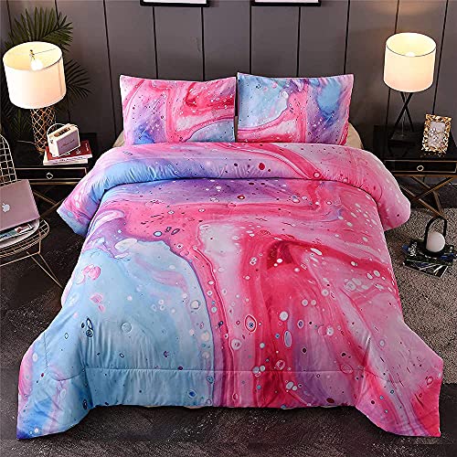 YEARNING Pink Comforter Set Queen Size, Colorful Marble Oil Painting Design Bedding Sets – with 2 Pillowcases for Girls, Teens, Kids