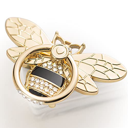 Cell Phone Ring Holder with Crystal, Allengel 360 Rotation Bee Phone Ring Grip Finger Kickstand for Girls and Women, Compatible with iPhone and Android Phone (Gold Black)