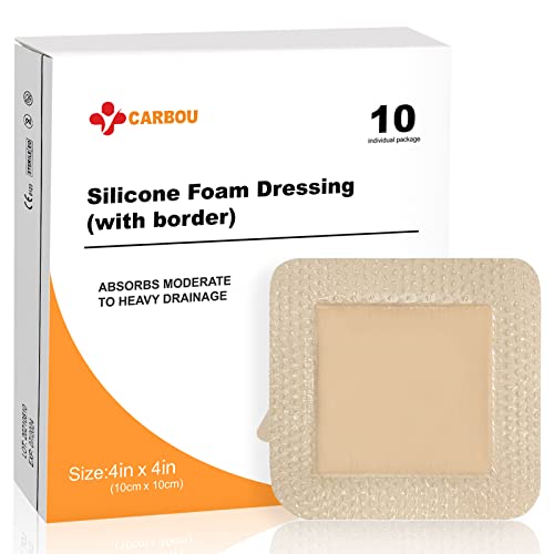 Carbou Silicone Foam Dressing with Gentle Border,4″x4″ Adhesive Waterproof and High Absorbency Square Wound Care Dressing Bandage for Pressure Sore, Leg Ulcer, Diabetic Ulcer,10 Pack