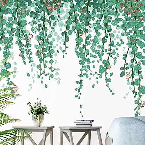 RW-9051 Green Tropical Leaves Wall Decals Nature Hanging Green Vine Wall Stickers DIY Removable Fresh Leaves Plants Flowers Wall Decor for Kids Baby Bedroom Living Room Kitchen Nursery Decoration