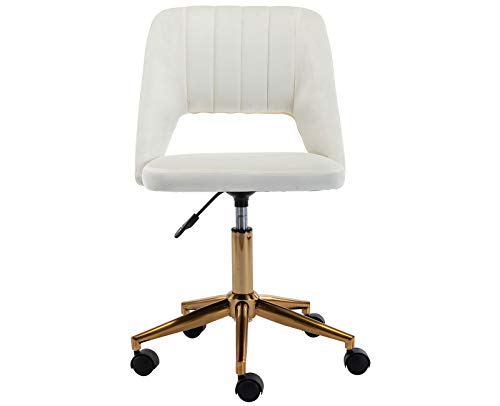 Guyou Desk Chair Armless Office Chair Gold and White, Upholstered Velvet Home Office Chair Cute Vanity Stool for Small Space Teens Study Makeup with Hollow Back, White