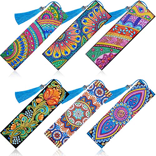 6 Pieces 5D Diamond Bookmark DIY Painting Bookmark Floral Beaded Bookmarks Leather Tassel Bookmark for DIY Making Arts Crafts Students Adults Graduation Birthday Embroidery (Classic Style)