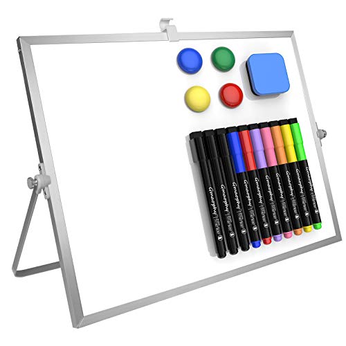 GMAOPHY Dry Erase White Board, 16inX12in Large Magnetic Desktop Whiteboard with Stand, 10 Markers, 4 Magnets, 1 Eraser, Portable Double-Sided White Board Easel for Kids Memo to Do List Desk School