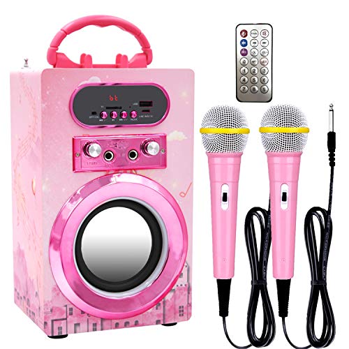 Kidsonor Kids Bluetooth Karaoke Machine with 2 Microphones, Wireless Rechargeable Remote Control Portable Karaoke Speaker Music MP3 Player Loudspeaker with Microphones for Kids (Pink)