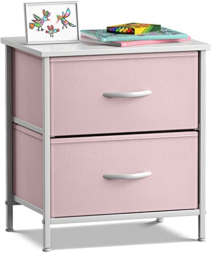 Sorbus Nightstand with 2 Drawers – Kids Bedside Furniture End Table Night Stand – Steel Frame, Wood Top & Easy Pull Fabric Bins – Dresser & Chest for Home, Bedroom Accessories, Office & College Dorm
