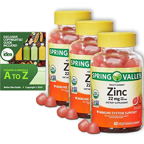 Zinc Adult Organic Vegetarian Gummy, Optimal Immune System Support, 22mg, 60ct (3 Pack) + “Vitamins & Minerals A to Z – Better Idea Guide”
