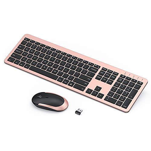 seenda Rechargeable Wireless Keyboard Mouse Combo Full Size Cordless Keyboard & Mouse Sets with Build-in Lithium Battery Ultra Thin Quiet Keyboard Mice (Black and Rose Gold)