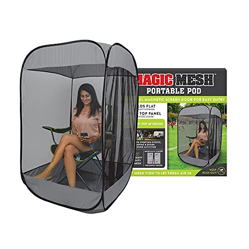 Magic Mesh Personal Portable Pod Modular Design, See-Through Mesh, Lets Fresh Air in, Pops Up in Seconds, Magnetic Door Panel, Fits One Adult & Folding Chair- 59″ x 37.4″ x 37.4″