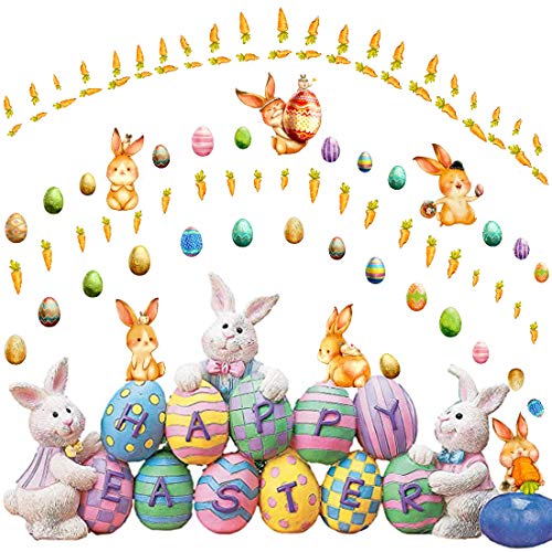 TOARTI Adorable Easter Bunny Wall Decal(92 Decals),Lovely Happy Easter Rabbit Wall Sticker for Kids Room Nursery Decor, Carrots Colorful Eggs Stickers for Easter Party Window Clings Decoration