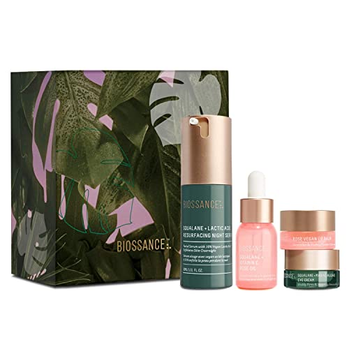 Biossance Overnight Results Set. Squalane + Lactic Acid Resurfacing Night Serum Bundle with Travel-Size Best Sellers. Resurface and Brighten Skin, Firm Eye Area and Hydrate Lips (4 items)