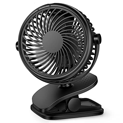 RJVW Stroller Clip On Fan, 3 Speed Rechargeable Battery Powerd USB Desk Fan, 4 Inch Table Cooling Fan, 360° Rotate Desktop Fan, Strong Wind Portable Fan for Home Office Treadmill Baby Stroller