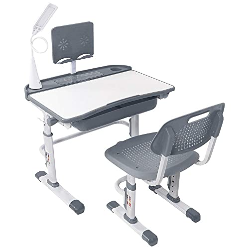 Yinleader Kids Desk and Chair Set,Height Adjustable,Spacious Storage Drawer,with Adjustable Tilted Desktop, Bookstand, Touch Led Lamp for School Student (Gray Set)