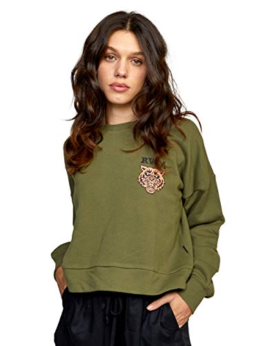RVCA Women’s Graphic Fleece Pullover Crew Neck Sweatshirt, Heritage/Dark Moss, Small