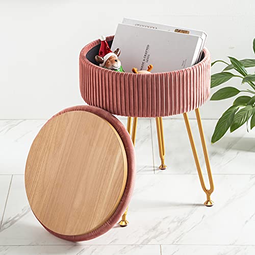 Velvet Storage Ottoman Foot Rest, Upholstered Pleated Round Footrest Vanity Stool With Metal Legs, Coffee Table Top Cover, Modern Accent Stools,Makeup Footstool, Suitable For Living Room And Bedroom