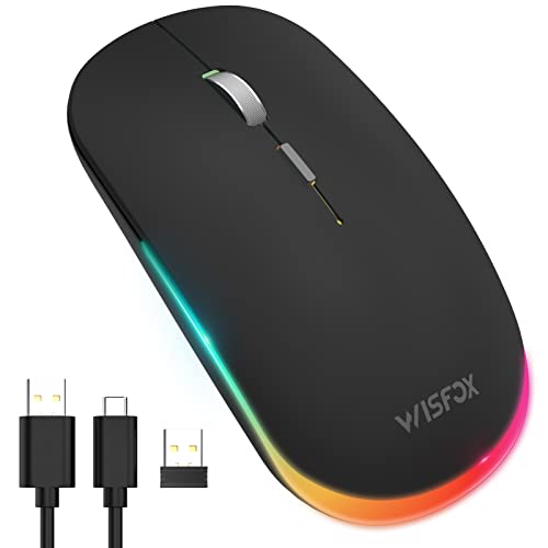 WisFox Bluetooth Mouse, Rechargeable Slim Silent 3 Modes Bluetooth 5.0 & 3.0+USB Wireless Mouse, Portable LED Ergonomic Cordless Travel Mouse for Laptop Computer, MacBook, iPad, Chromebook(Black)