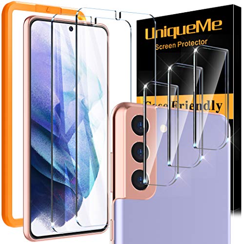 UniqueMe [2+3 Pack] Screen Protector Compatible for Samsung Galaxy S21+ Plus 5G (6.7 inch) 2 Pack Tempered Glass and 3 Pack Camera Lens Protector [Support ultrasonic unlock] [Installation Frame]