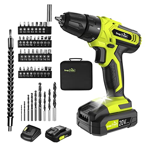 Cordless Drill – SnapFresh 20V Cordless Drill with Battery and Charger, Power Drill Set with 2 Variable Speed, 21+1 Torque Setting, Lightweight, LED, 43pcs Drill Bits, Impact Drill Set for Home, DIY