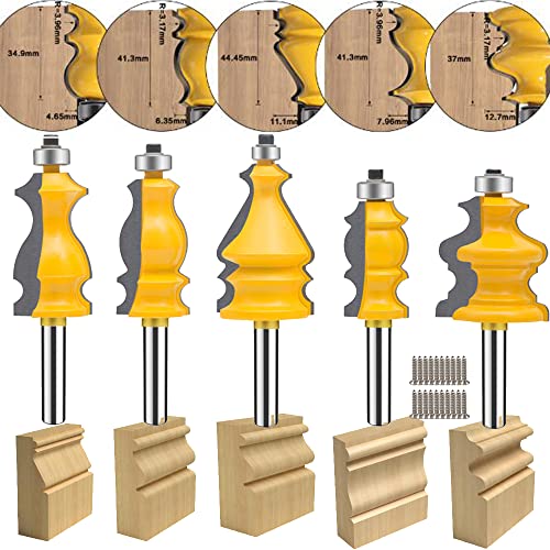 TAIWAIN 1/4 Inch Shank Router Bits, Architectural Specialty Woodwork Milling Trimming Groving Cutter, Wood Miter Carbide CNC Cutting Tool for Doors&Tables Shelves DIY Woodwork(F-Line)