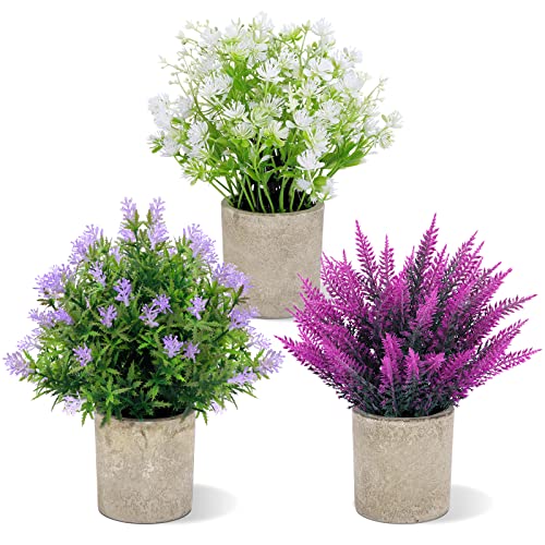 FUNARTY 3 Packs Fake Plants, Small Potted Plants, Mini Artificial Small Flower, 10” Faux Greenery Plants Indoor, Lavender Pot for Garden Lawn Balcony Office Home Decoration