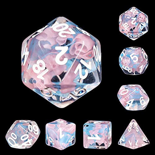 DND Polyhedral Dice RPG Dice for Dungeons and Dragons,Pathfinder,MTG,D&D Role Playing Game,Pink Blue Flower Transparent Dice Set,with Grey Waterproof Bag
