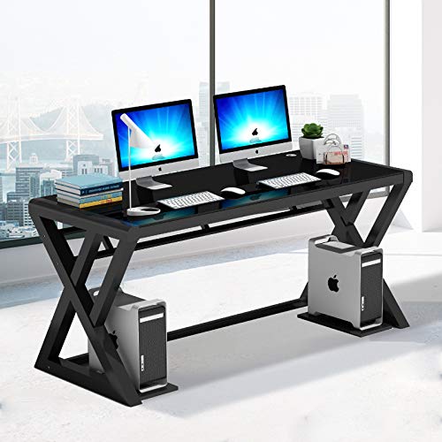NA Tempered Glass Computer Desk with X-Shaped Metal Frame, Fashion Modern Design Writing and Study Desk, Work Desk for Home Office (55.1 inch)