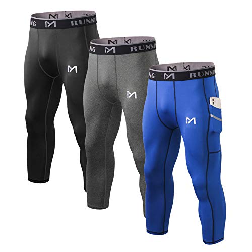 MEETYOO Men’s 3/4 Compression Pants with Pockets, Black+Grey+Blue