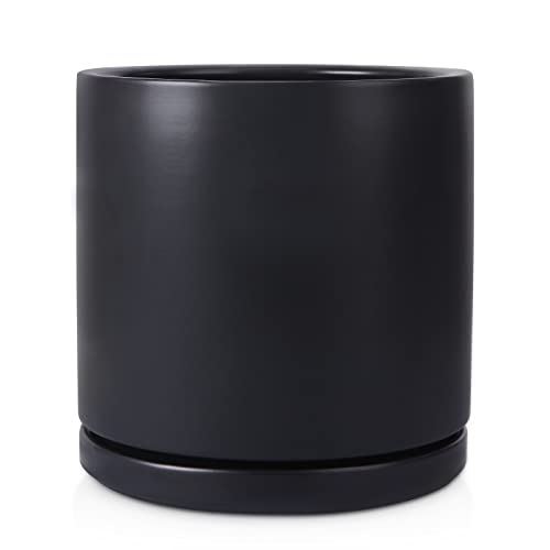 Kazeila Plant Pots Ceramic Planter for Indoor Outdoor Plants Flowers 10 Inch Matte Black Large Cylinder Flower Pot with Saucer and Drainage Hole,Glazed Finish Interior and Exterior