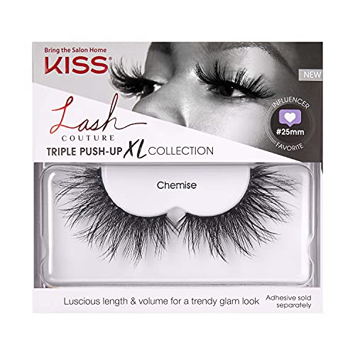 KISS Lash Couture Triple Push Up XL Collection, 3D Volume False Eyelashes in Extra Long Length with Triple Design Technology, Cruelty-Free, Contact Lens Friendly, and Reusable, Style Chemise, 1 Pair