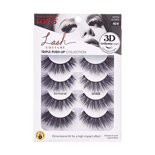KISS Lash Couture Triple Push Up Collection Multipack, 3D Volume False Eyelashes with Triple Design Technology, Multi-Angles & Lengths, Contact Lens Friendly, Reusable, Style Bombshell, 4 Pairs