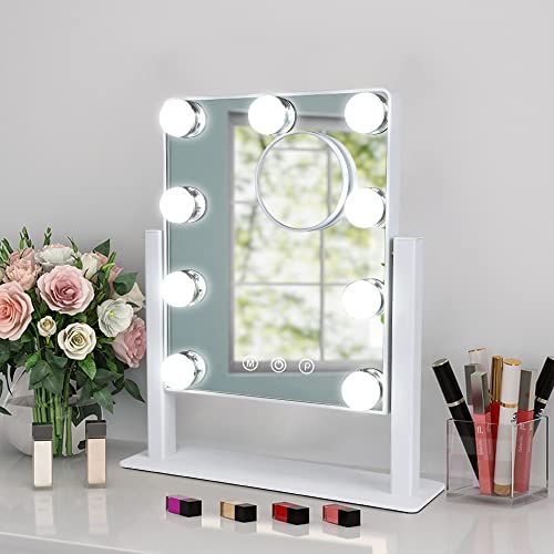 Depuley Makeup Vanity Mirror with Lights, 10X Magnification Hollywood Lighted Mirror with 9 Dimmer Led Bulbs, Plug in Light-up Beauty Mirror, Touch Screen Lighted Table Set Mirror, 360°Rotation(White)