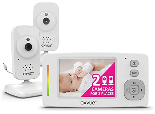 Axvue Video Baby Monitor, Slim Handheld, Non-Slip Design, 2.8″ Horizontal Screen Monitor & 2 Camera, Range up to 1000ft, 12 Hour Battery Life, 2-Way Talk, Night Vision, Temperature Monitor, No WiFi.