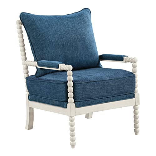 OSP Home Furnishings Kaylee Spindle Accent Chair, 26.5” W x 32.25” D x 37” H, Antique White Frame with Navy Blue Fabric