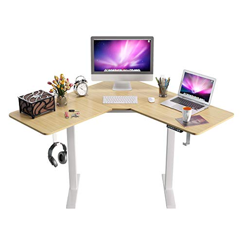 L-Shaped Standing Desk,Height Adjustable Electric Corner Desk,48 Inches Home Office Table with Splice Board,Dual Motor Home Office Desks White Frame (Natural)